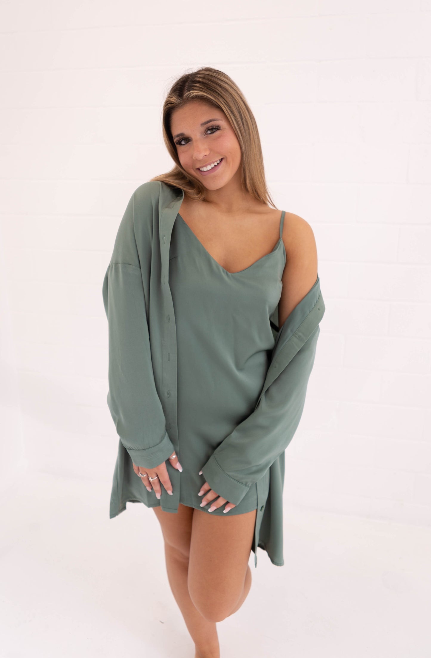 Dark Sage Satin Slip Dress & Shirt Set