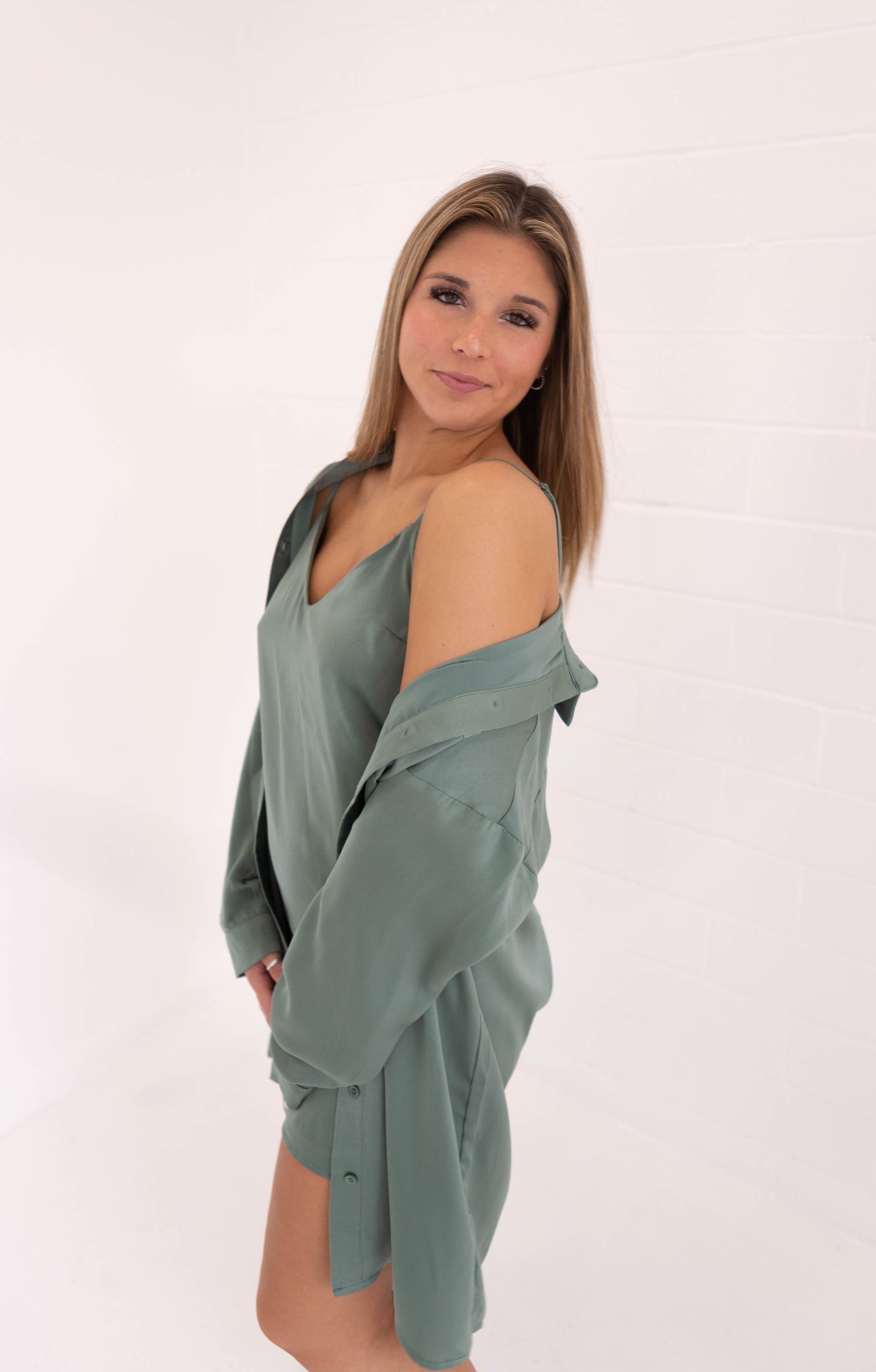 Dark Sage Satin Slip Dress & Shirt Set