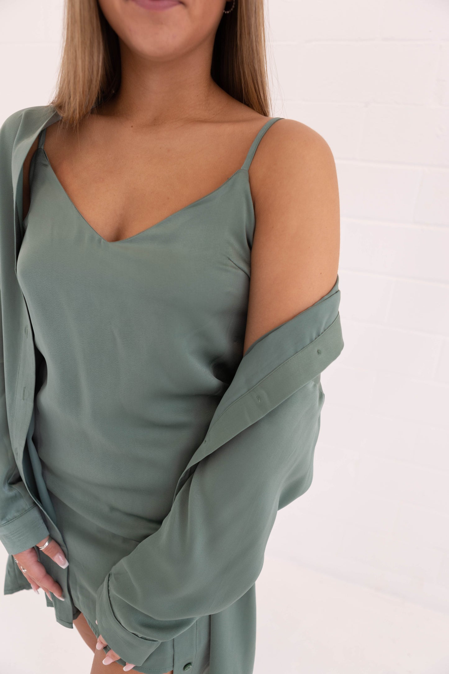 Dark Sage Satin Slip Dress & Shirt Set