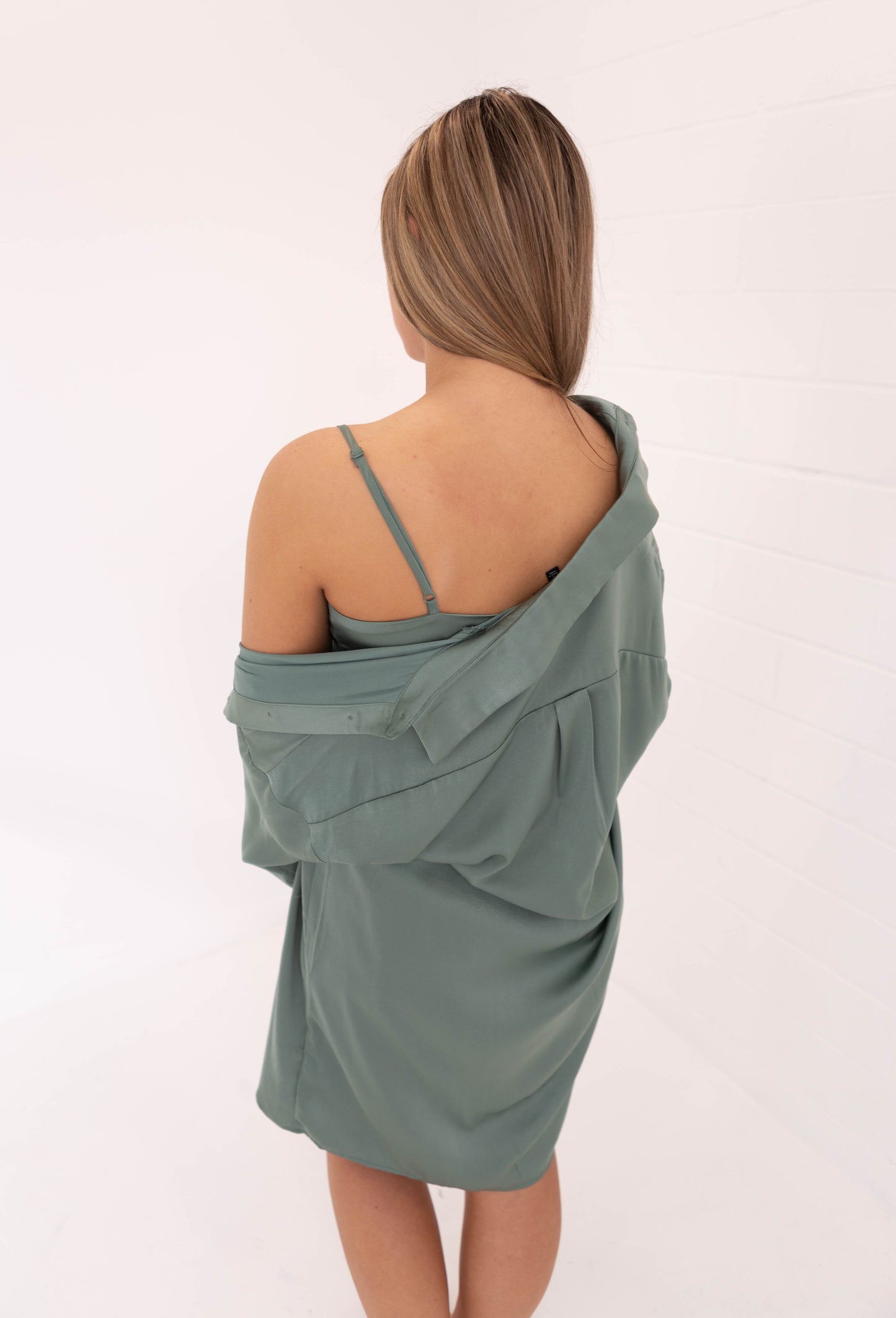 Dark Sage Satin Slip Dress & Shirt Set