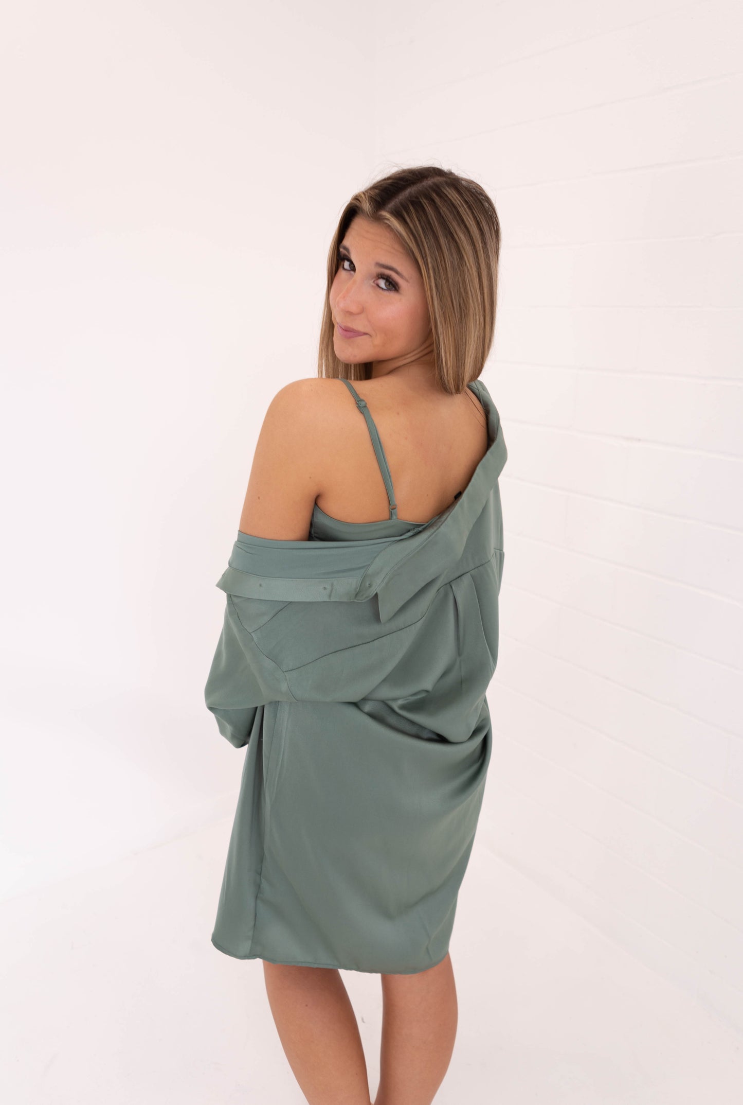 Dark Sage Satin Slip Dress & Shirt Set