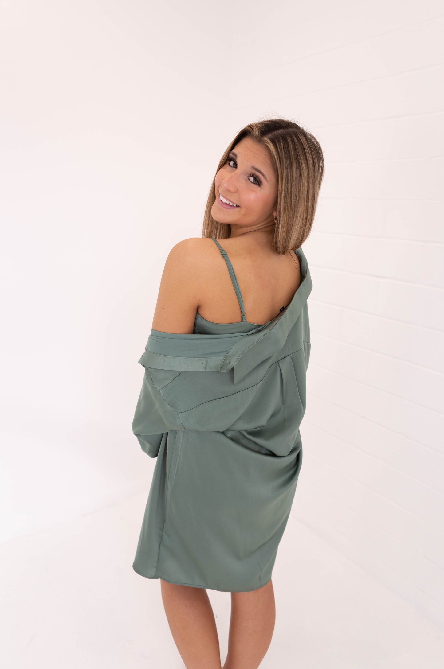 Dark Sage Satin Slip Dress & Shirt Set