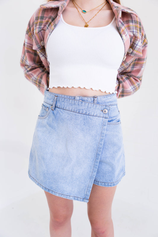 A washed denim skort