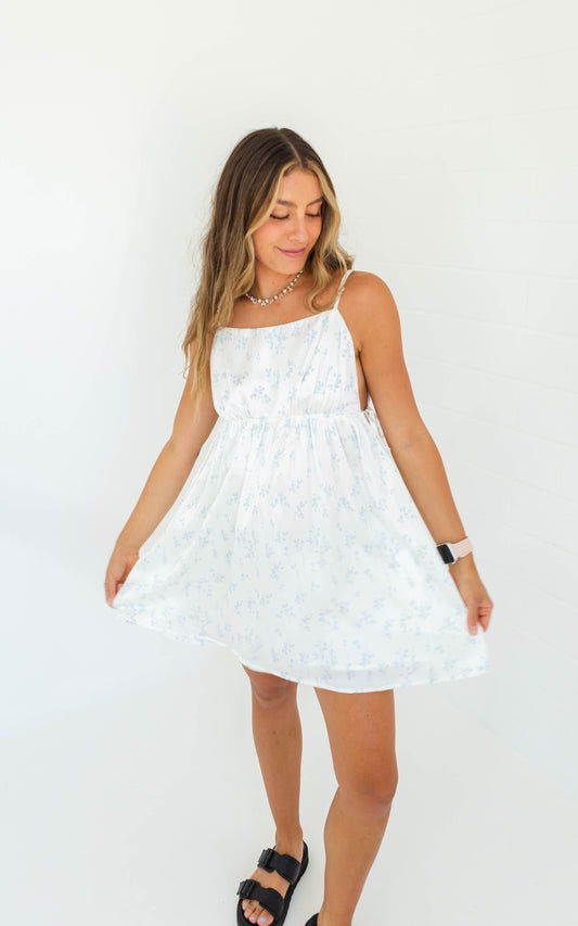 White & Blue Floral Mini Dress