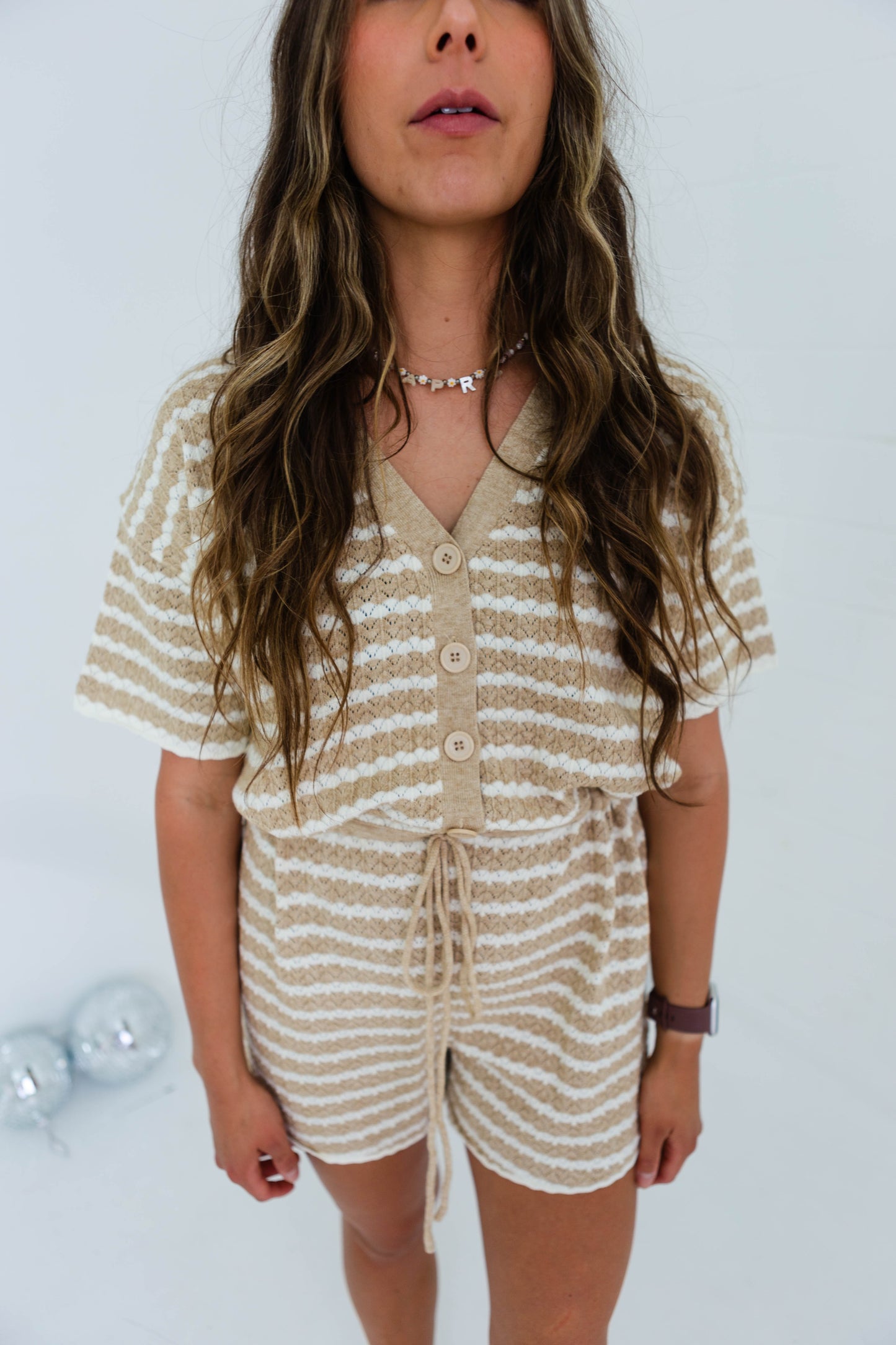 Light Taupe Crochet Striped Romper with Drawstring Waist