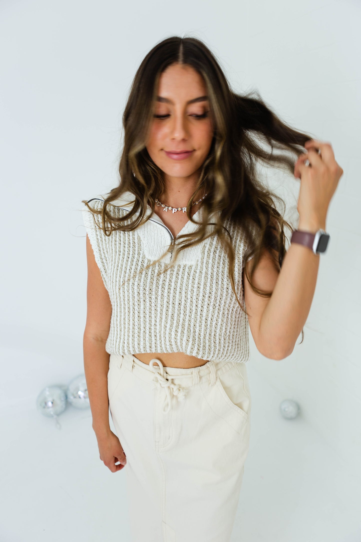 Ivory Taupe Striped Sweater Vest Top