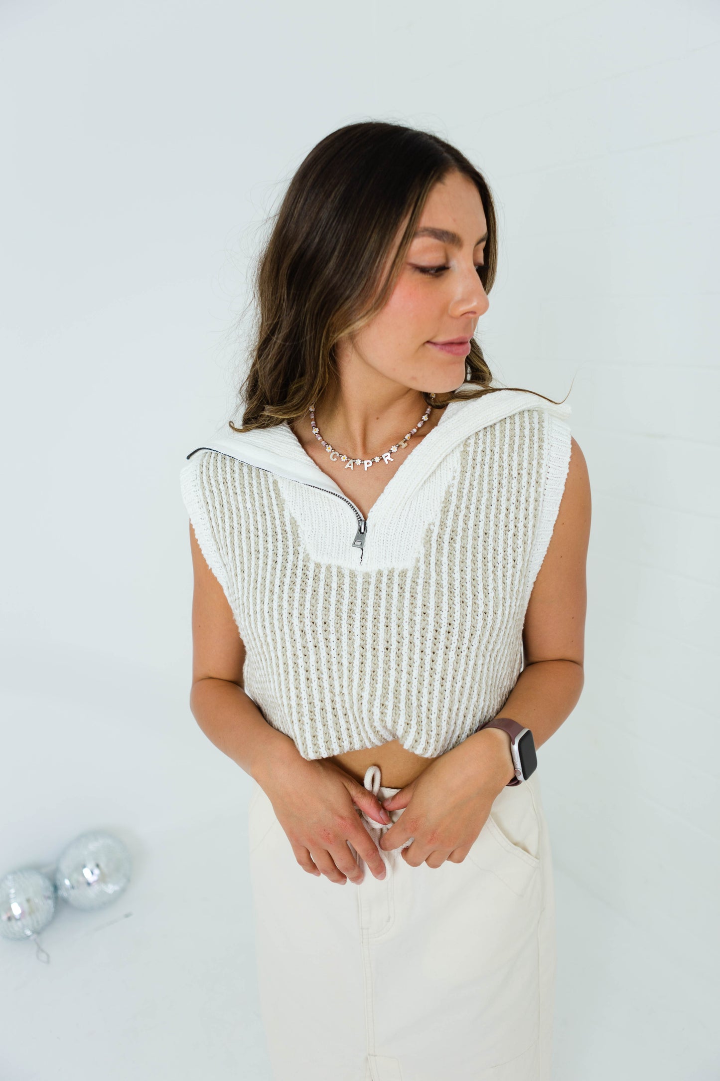 Ivory Taupe Striped Sweater Vest Top