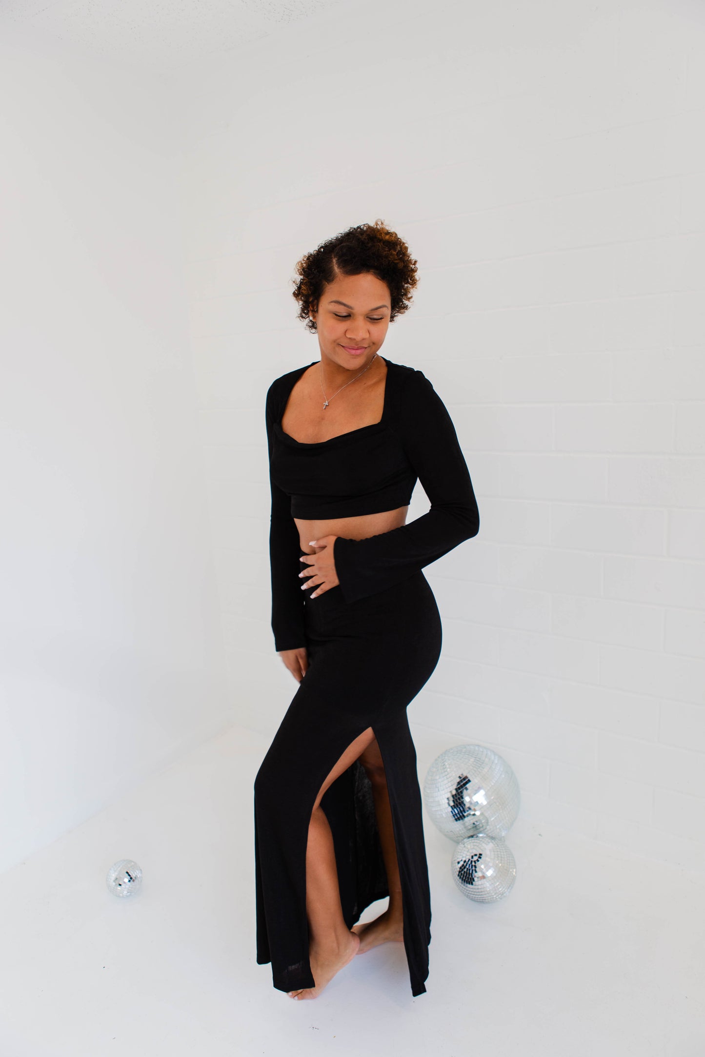 Black High Slit Slinky Knit Maxi Set