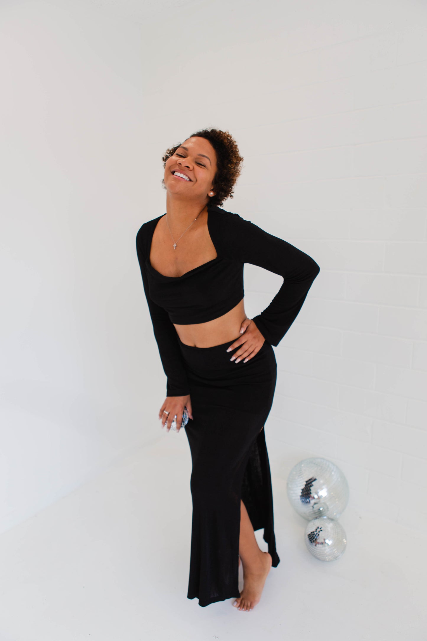 Black High Slit Slinky Knit Maxi Set