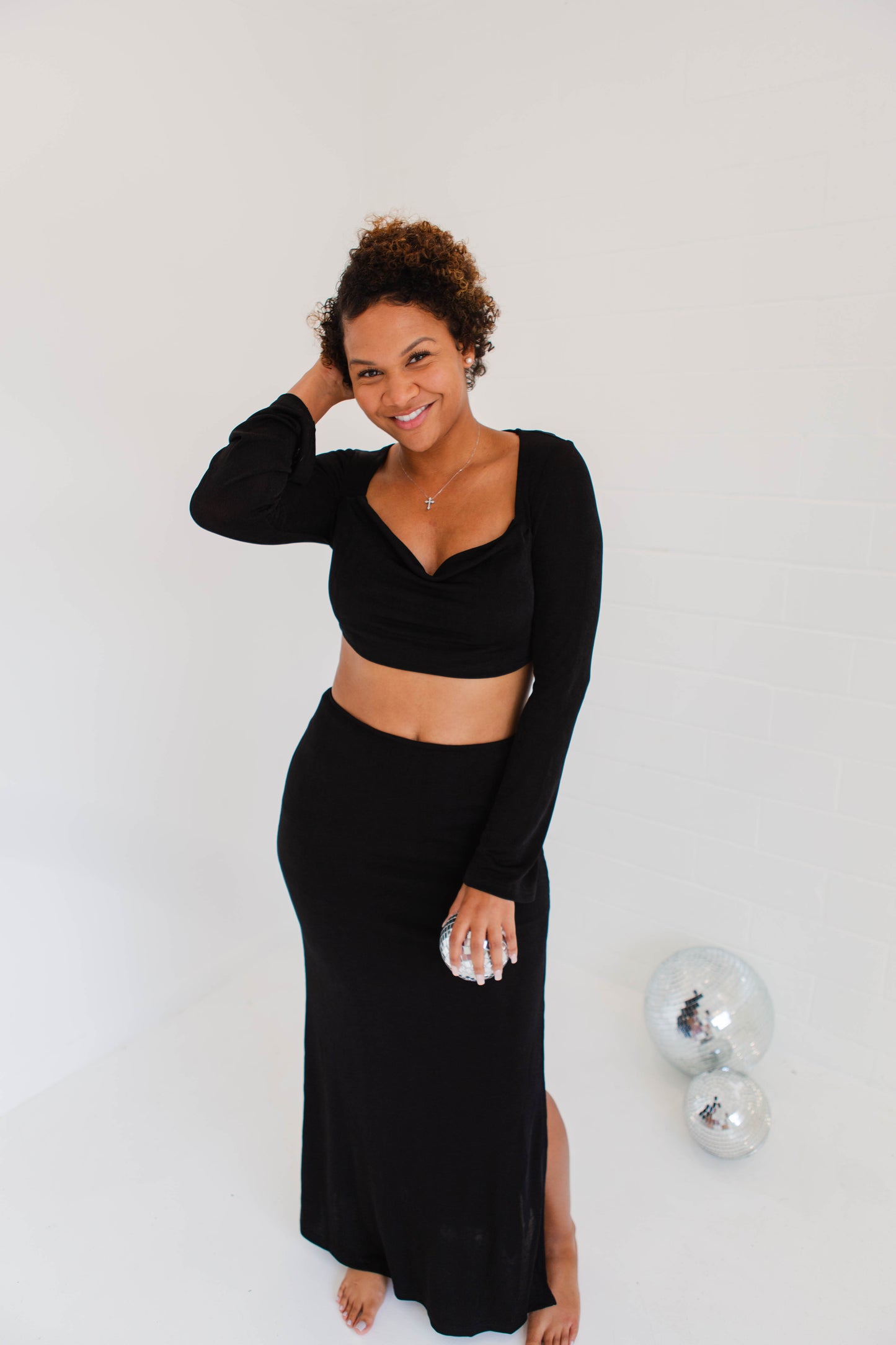 Black High Slit Slinky Knit Maxi Set