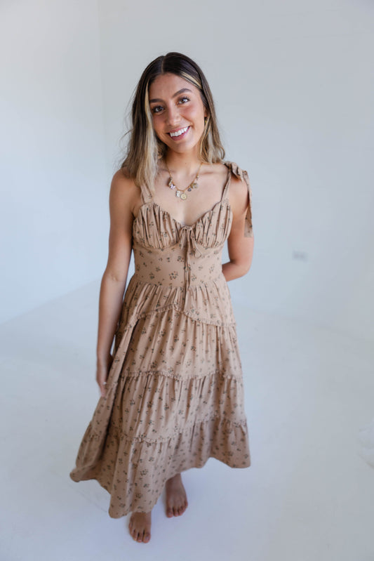 Brown Floral Rose Print Ruffled Midi Dress