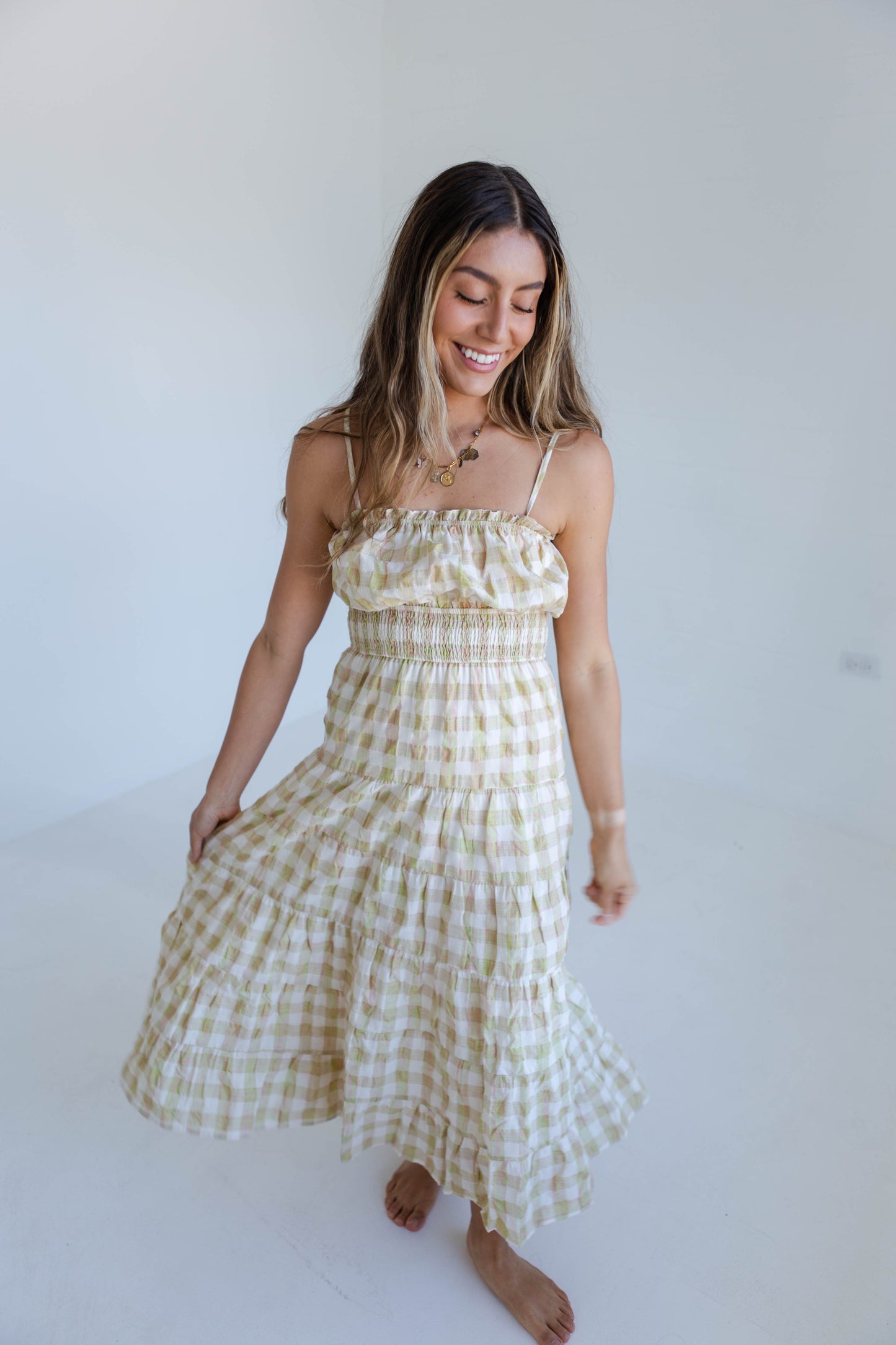 Pink & Green Gingham Maxi Dress