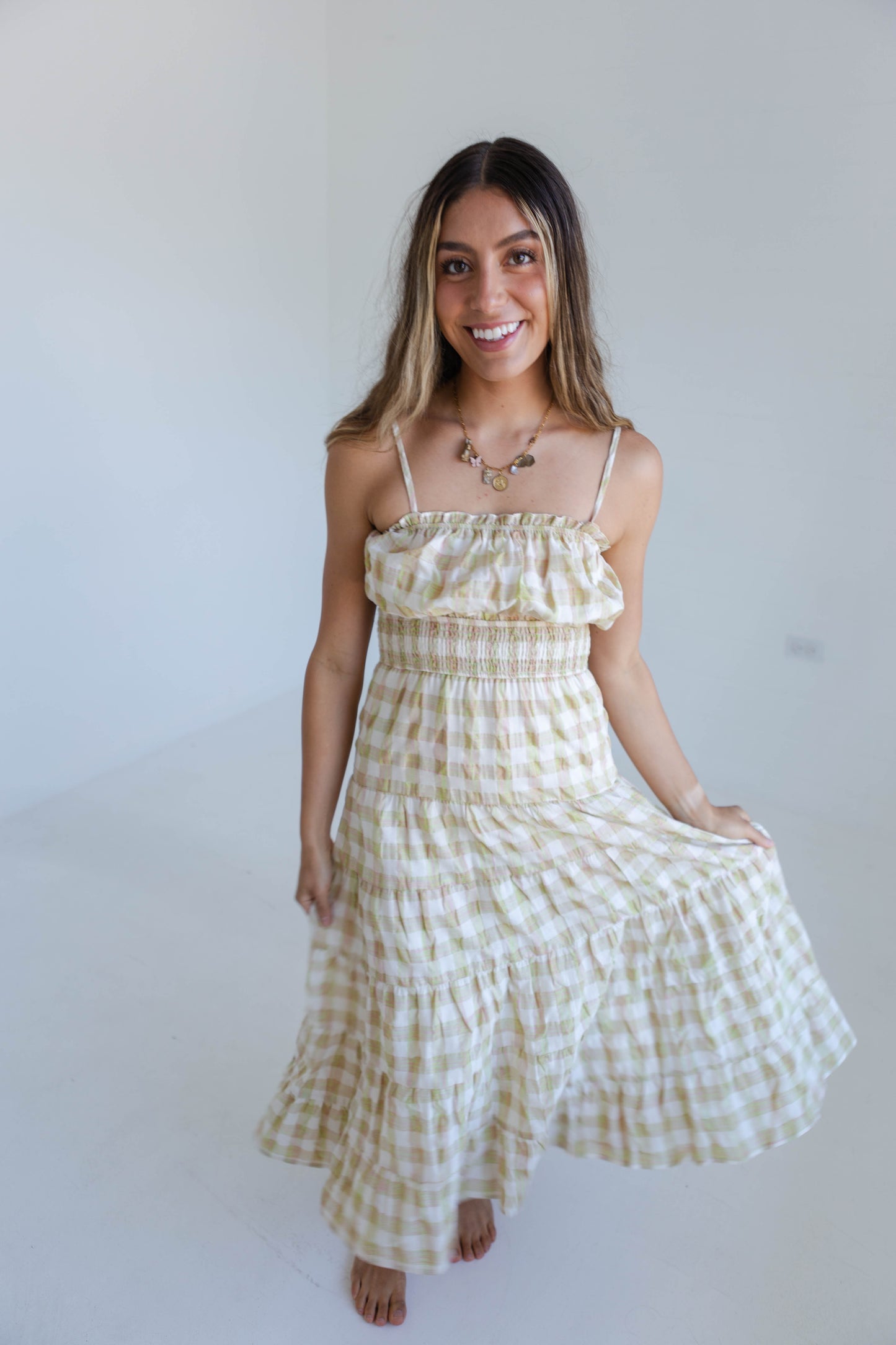 Pink & Green Gingham Maxi Dress