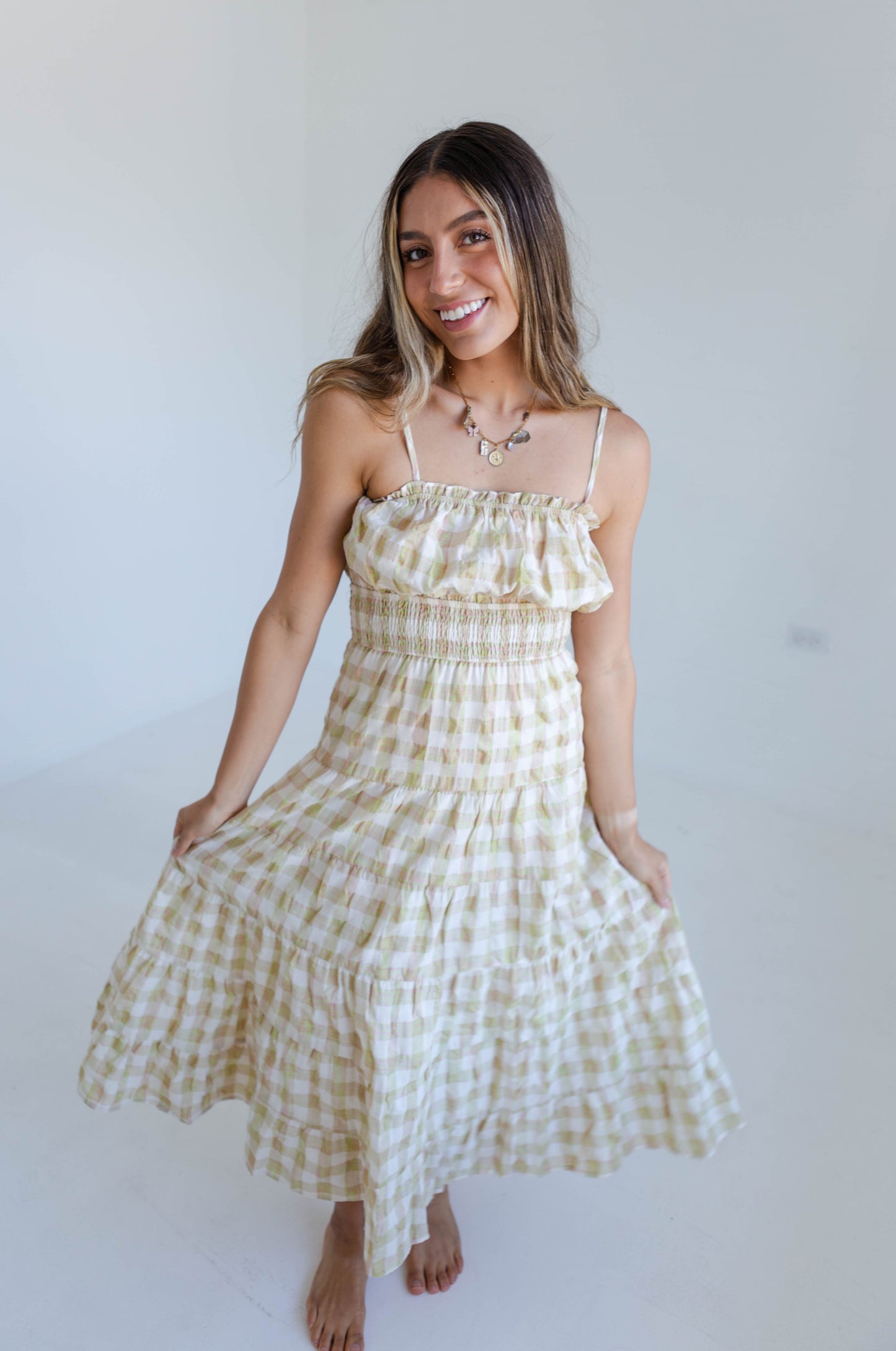 Pink & Green Gingham Maxi Dress