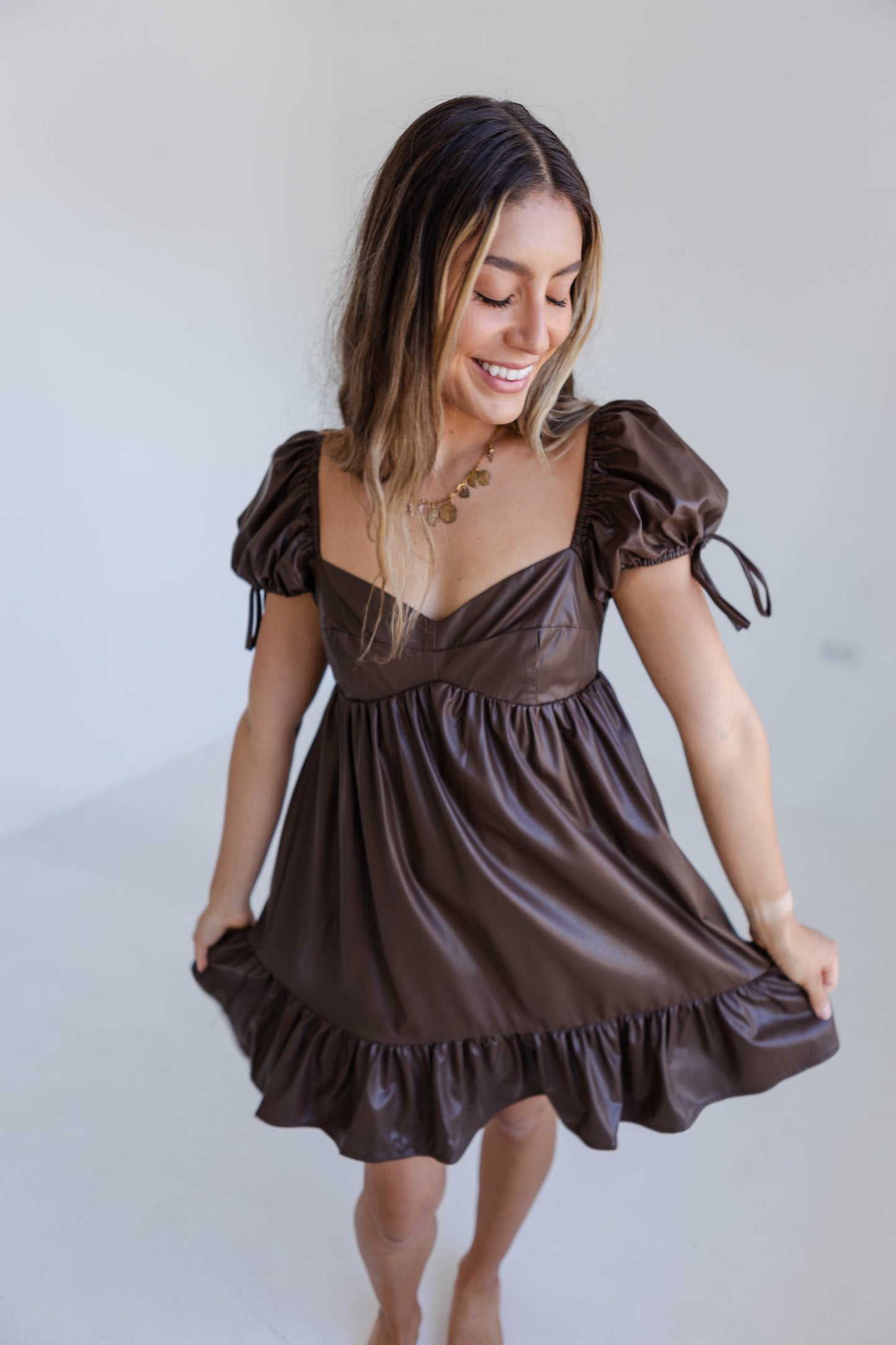 Brown Solid Faux Leather Babydoll Dress