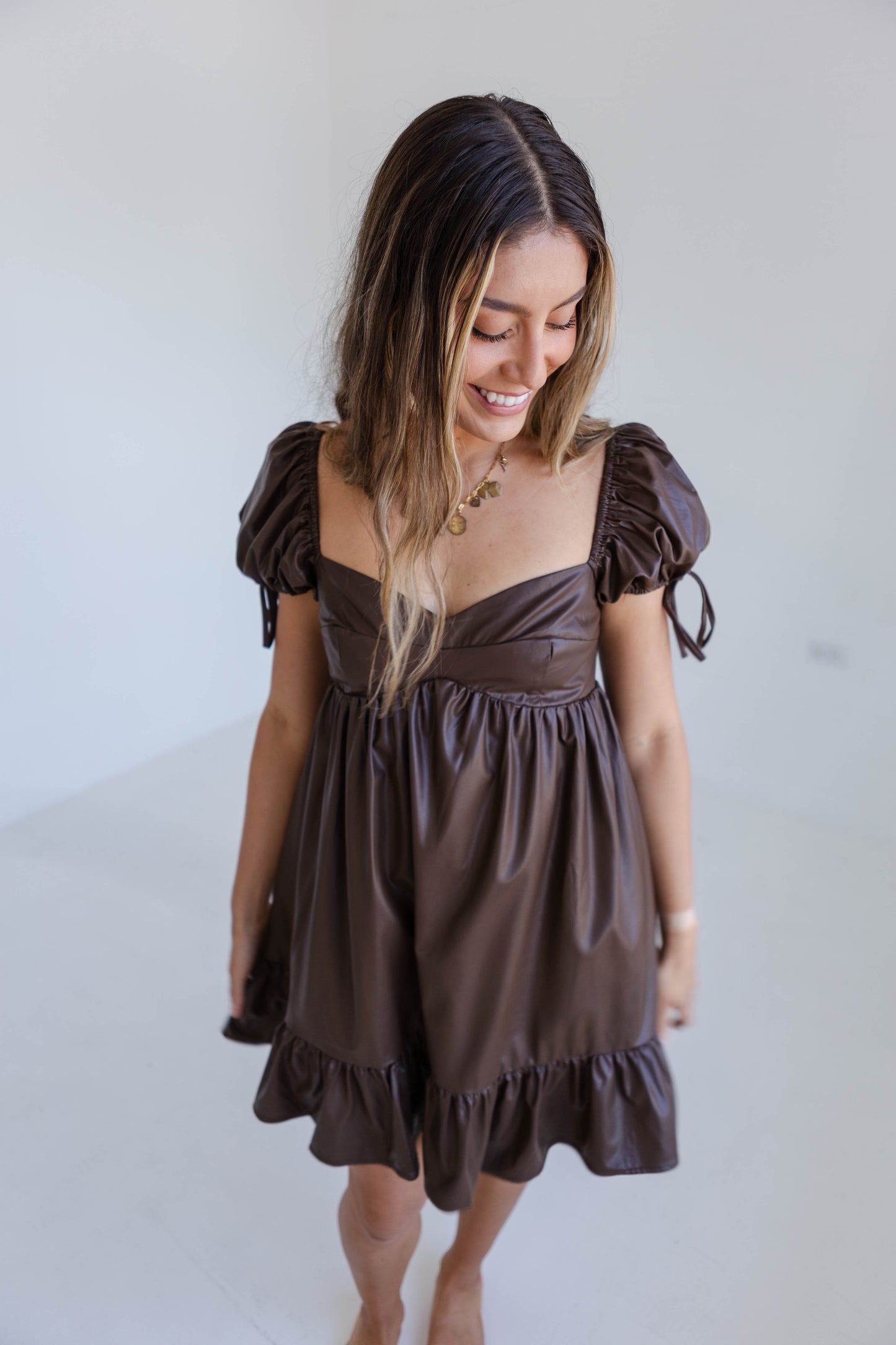 Brown Solid Faux Leather Babydoll Dress