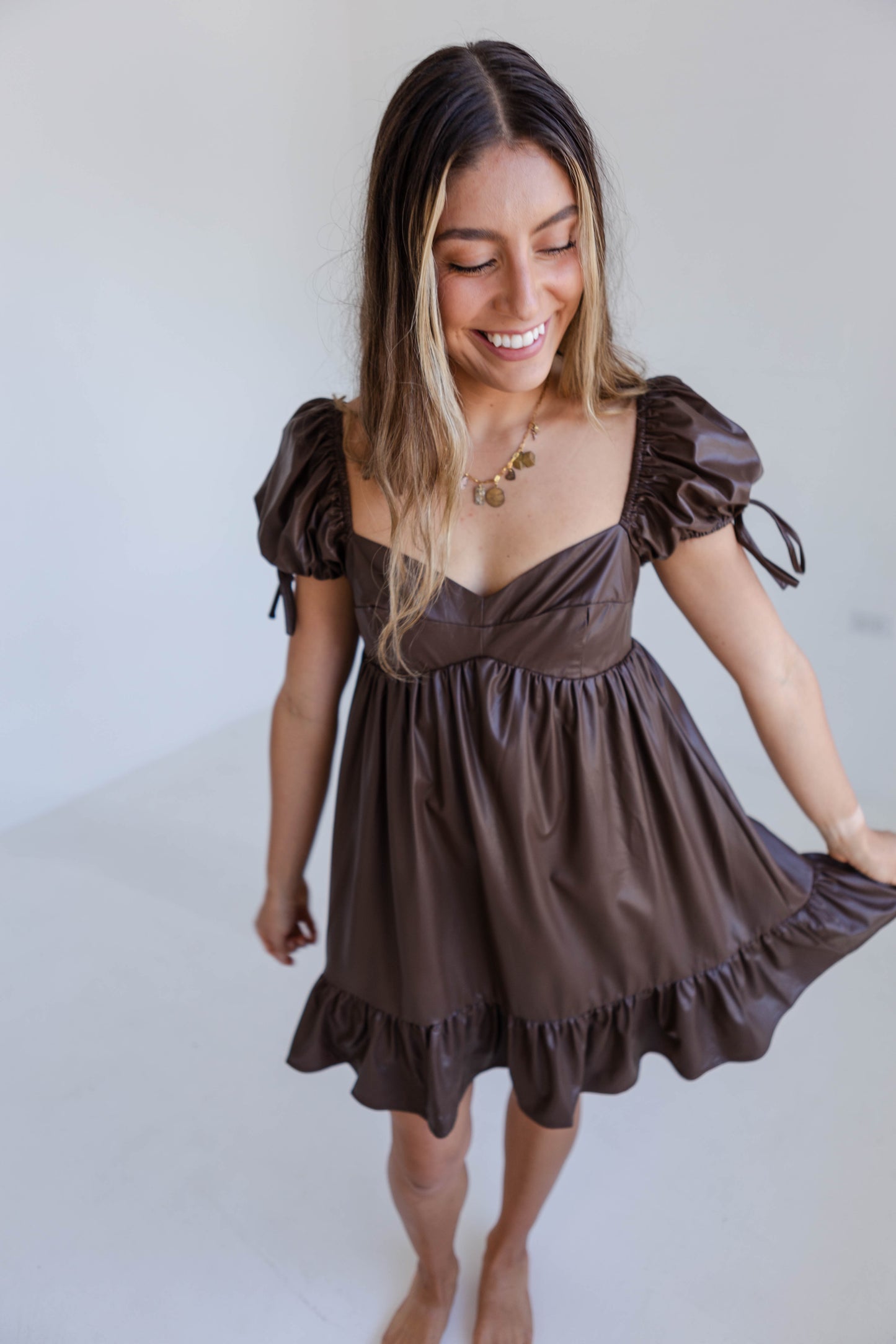 Brown Solid Faux Leather Babydoll Dress