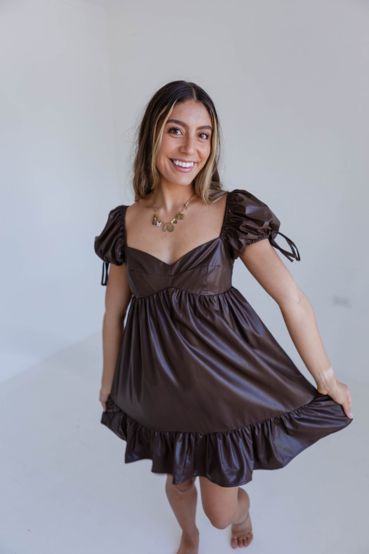 Brown Solid Faux Leather Babydoll Dress