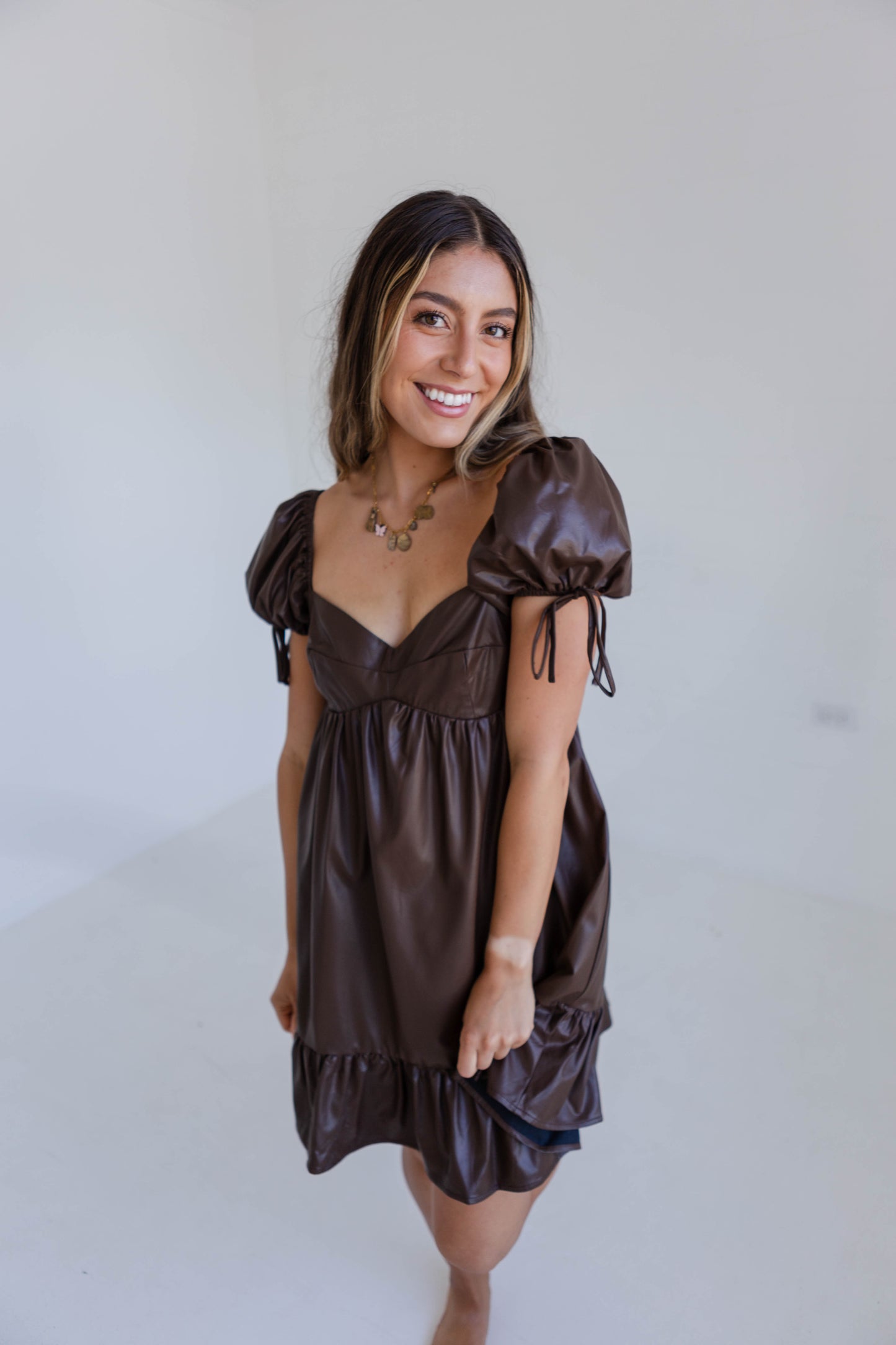 Brown Solid Faux Leather Babydoll Dress