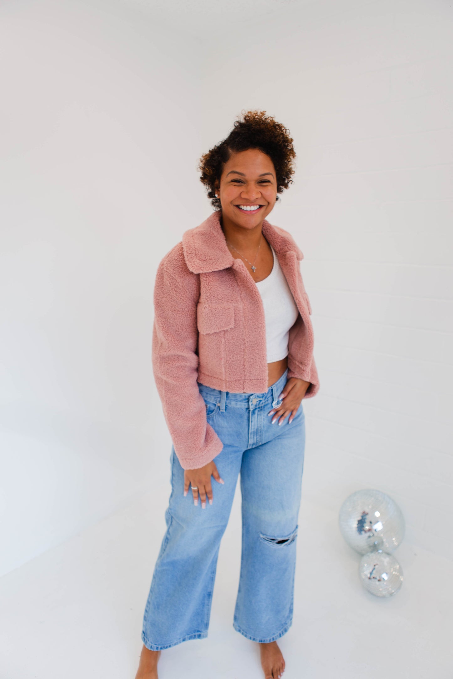 Dusty Rose Faux Fur Sheared Crop Jacket