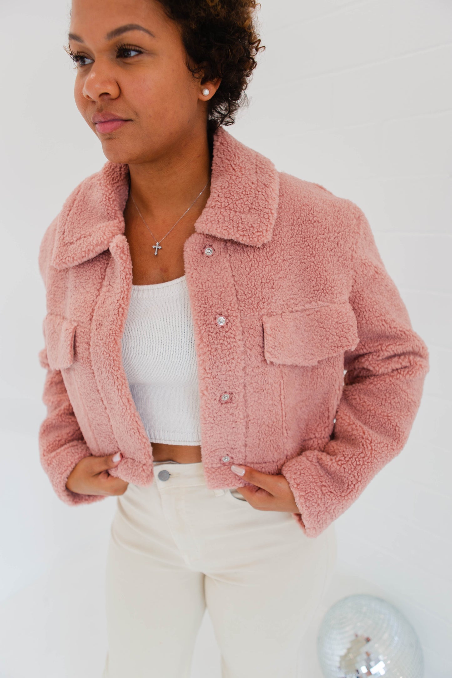 Dusty Rose Faux Fur Sheared Crop Jacket