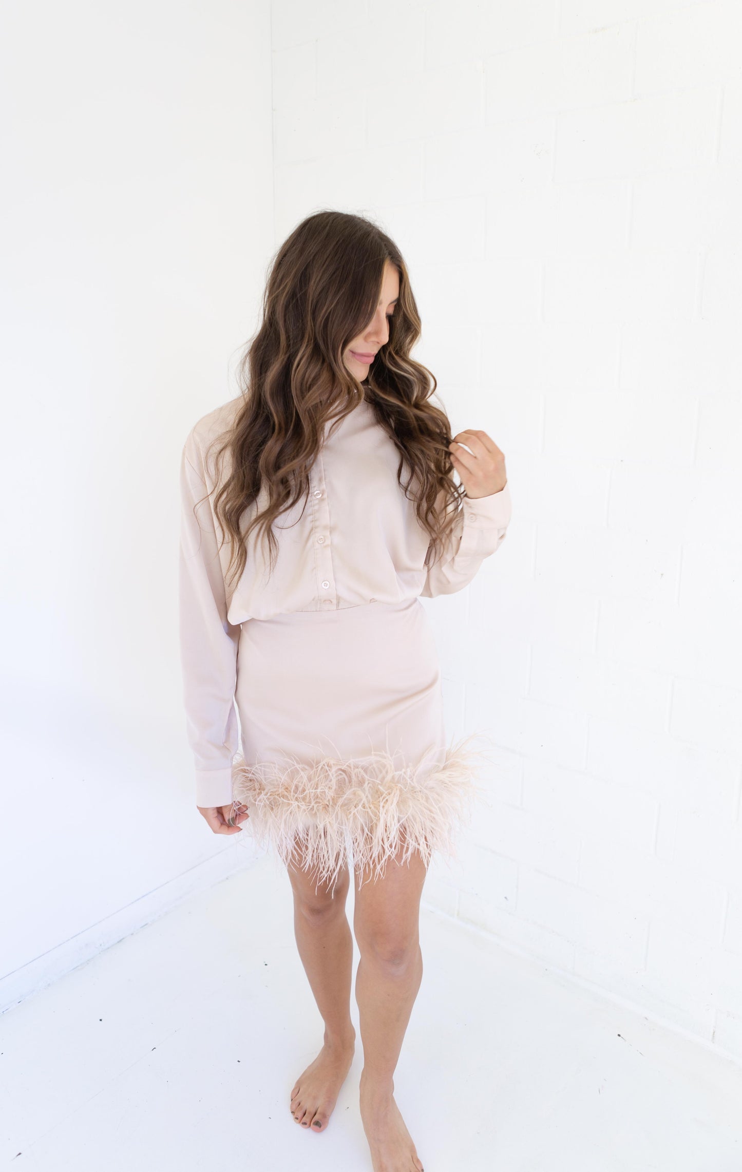 Champagne Fur Trim Shirt Dress