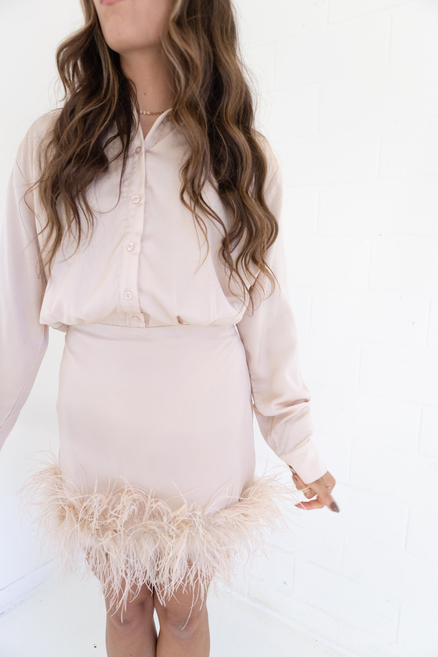 Champagne Fur Trim Shirt Dress