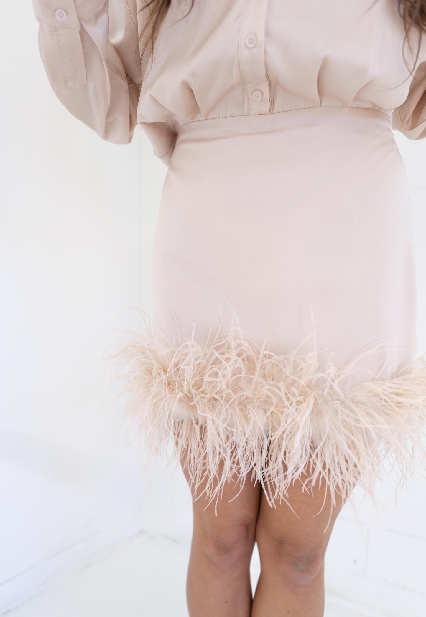 Champagne Fur Trim Shirt Dress