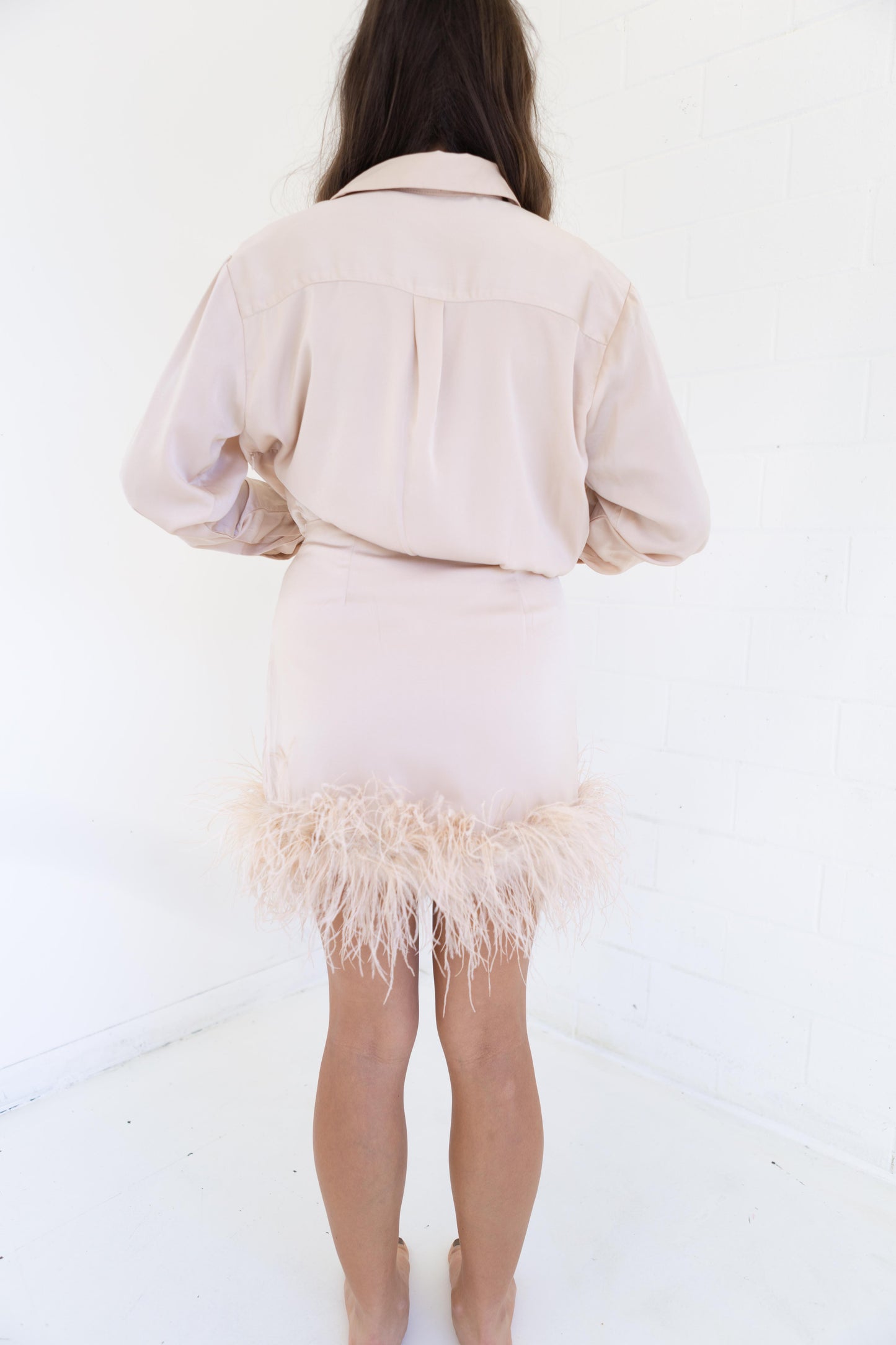 Champagne Fur Trim Shirt Dress