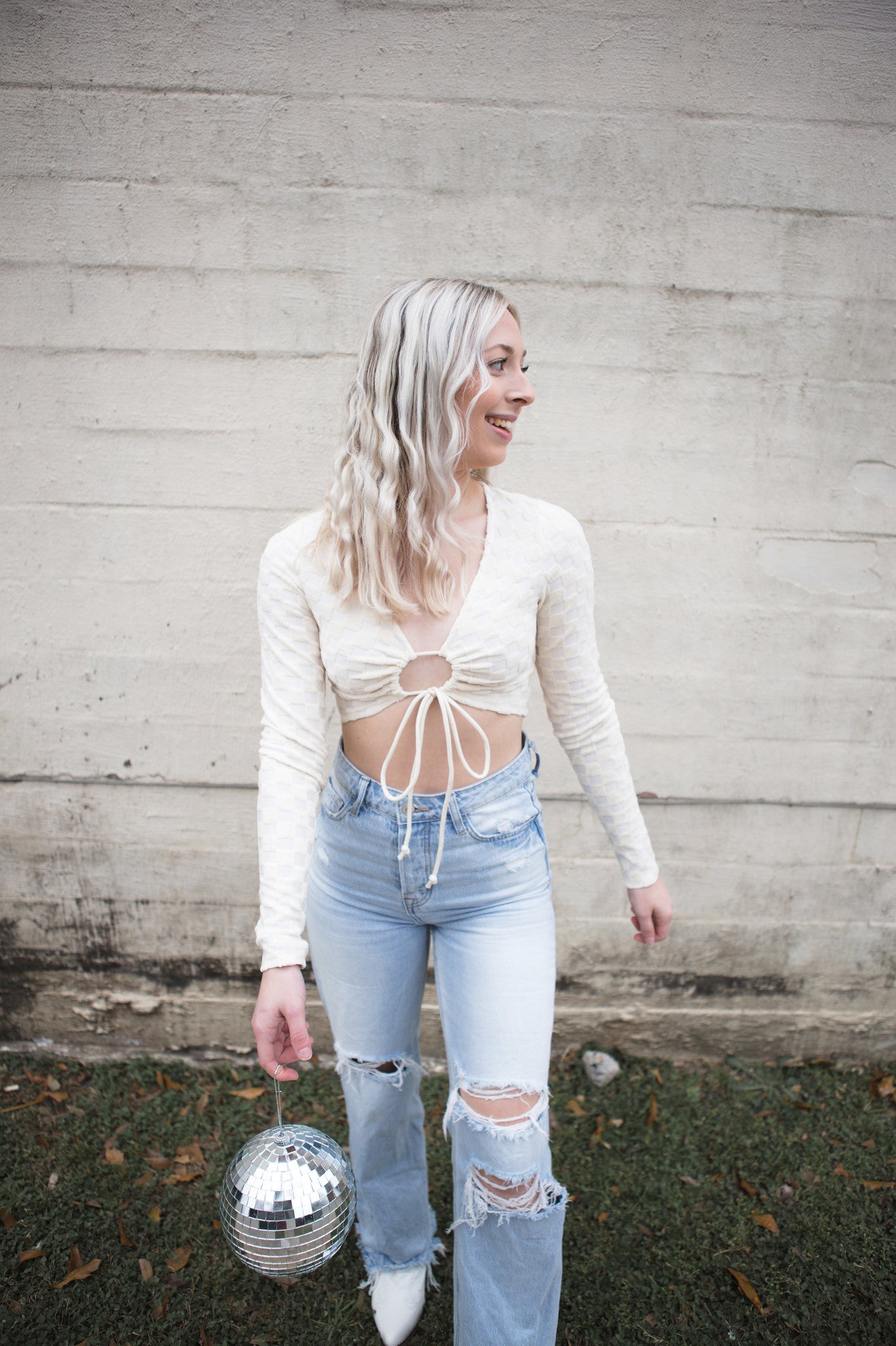 Cream Textured Knit Drawstring Crop