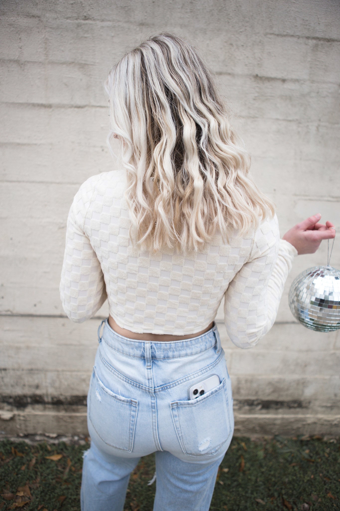 Cream Textured Knit Drawstring Crop